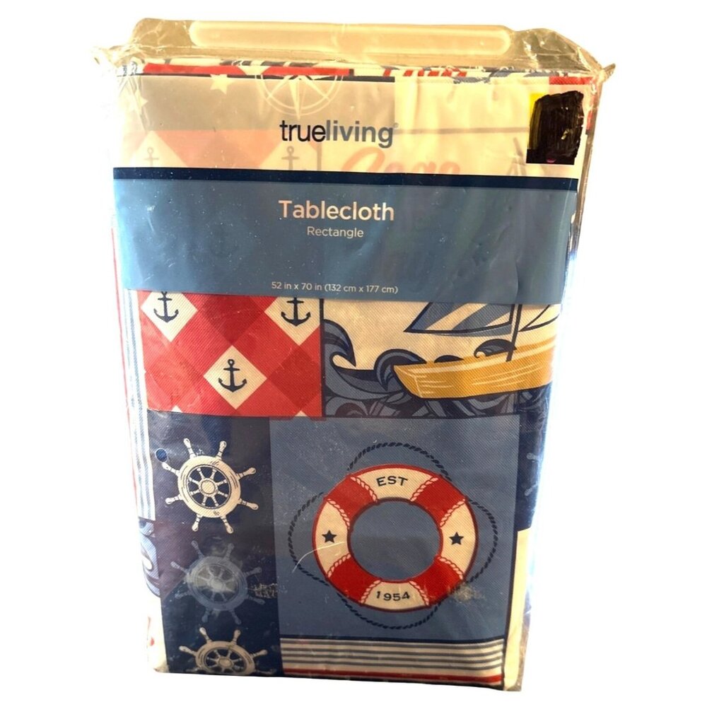 True Living Nautical-Themed Vinyl Flannel Back Tablecloth 52 X 70 Red White Blue